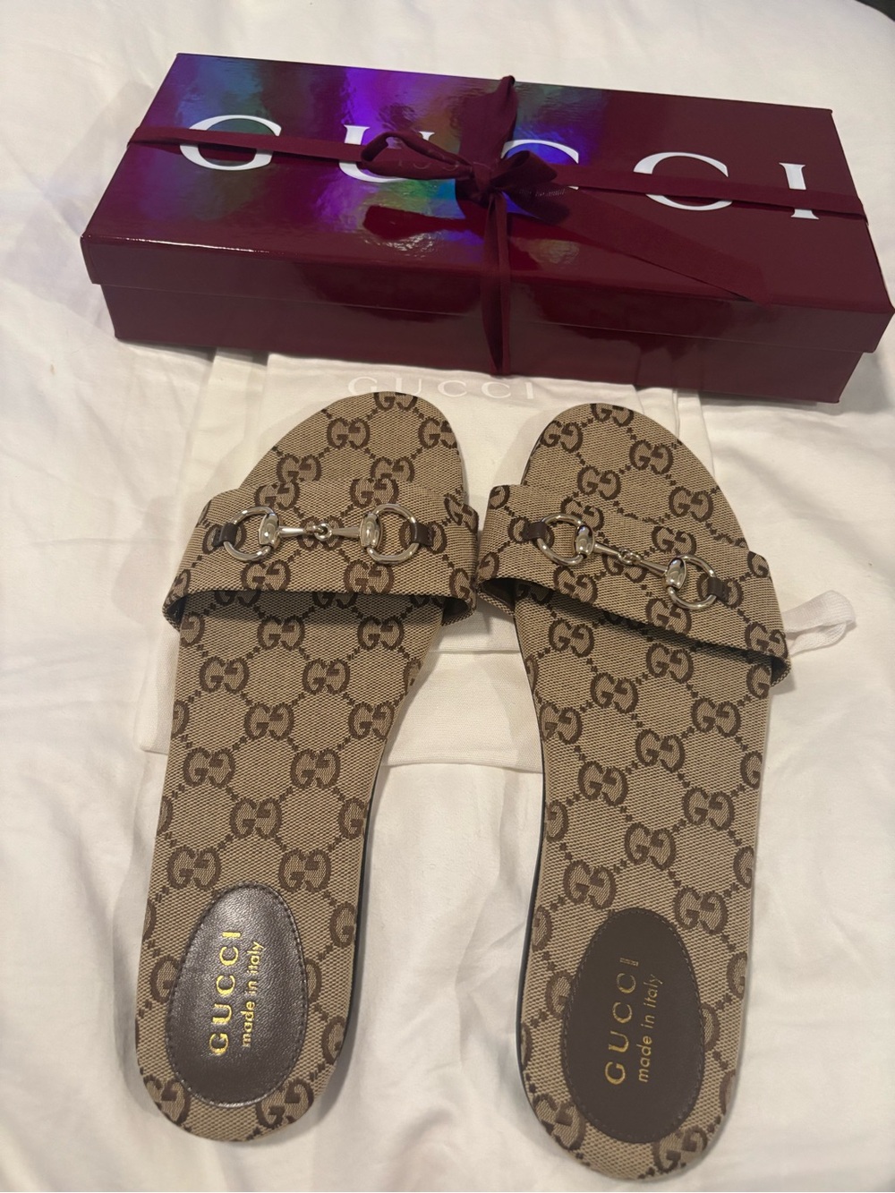 Beautiful Gucci GG monogram, horsebit slides essentially unworn